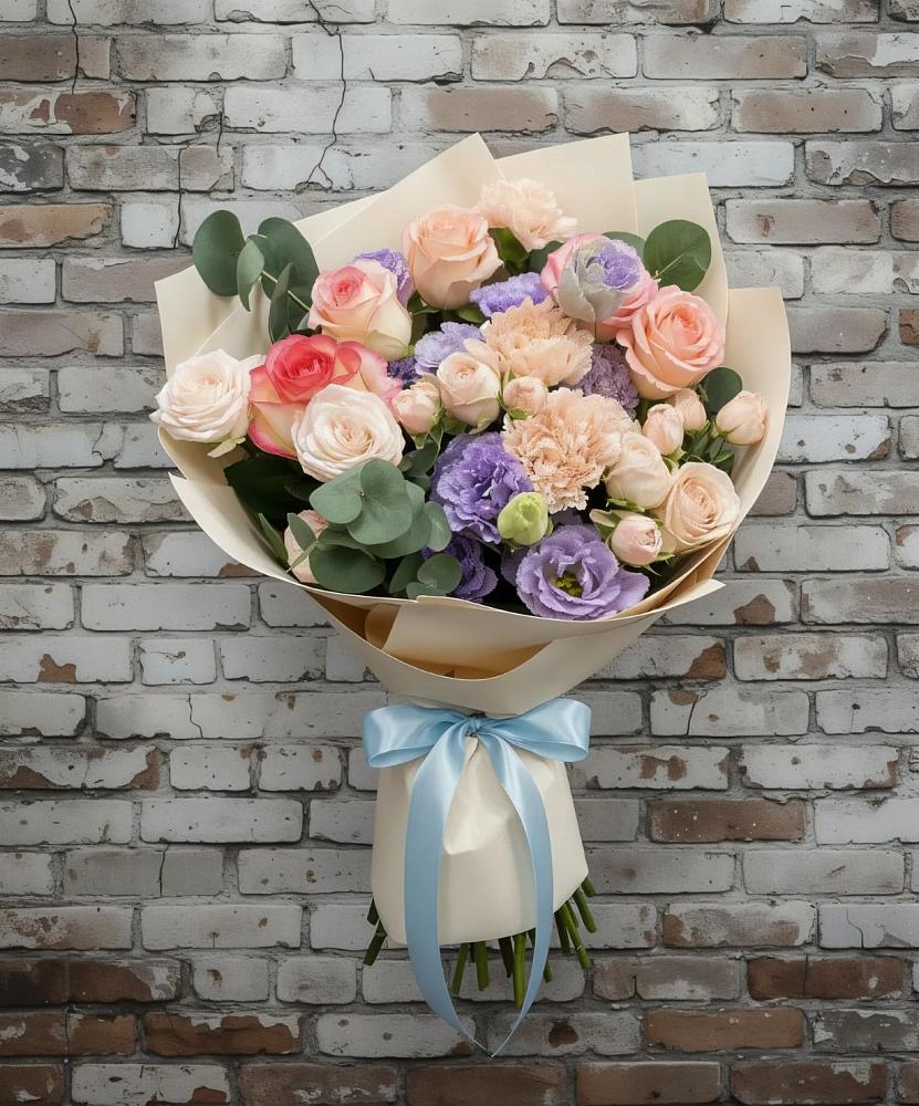 Букет цветов из: Розы, Лизиантусы и Гвоздики в Терновском